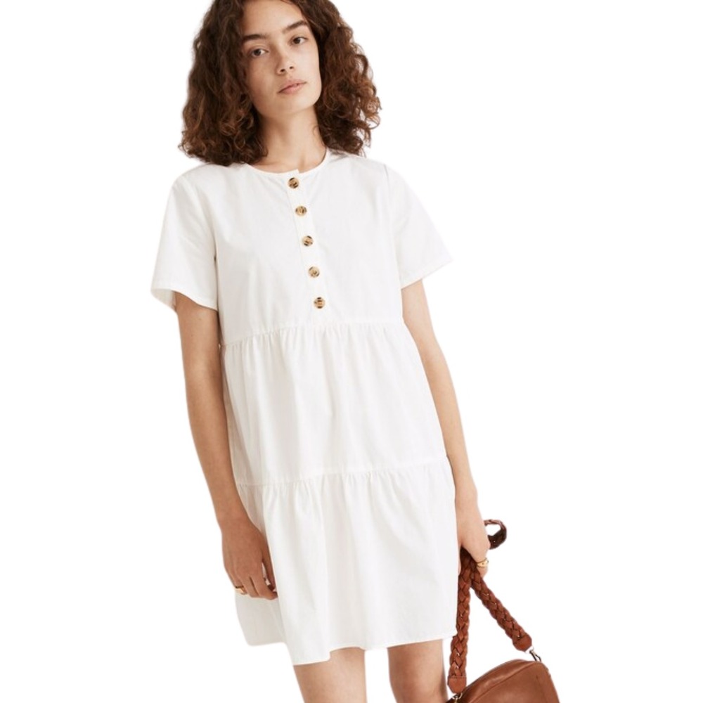 Madewell Dress Large Cream Cotton Poplin Tiered Button Front Babydoll Mini